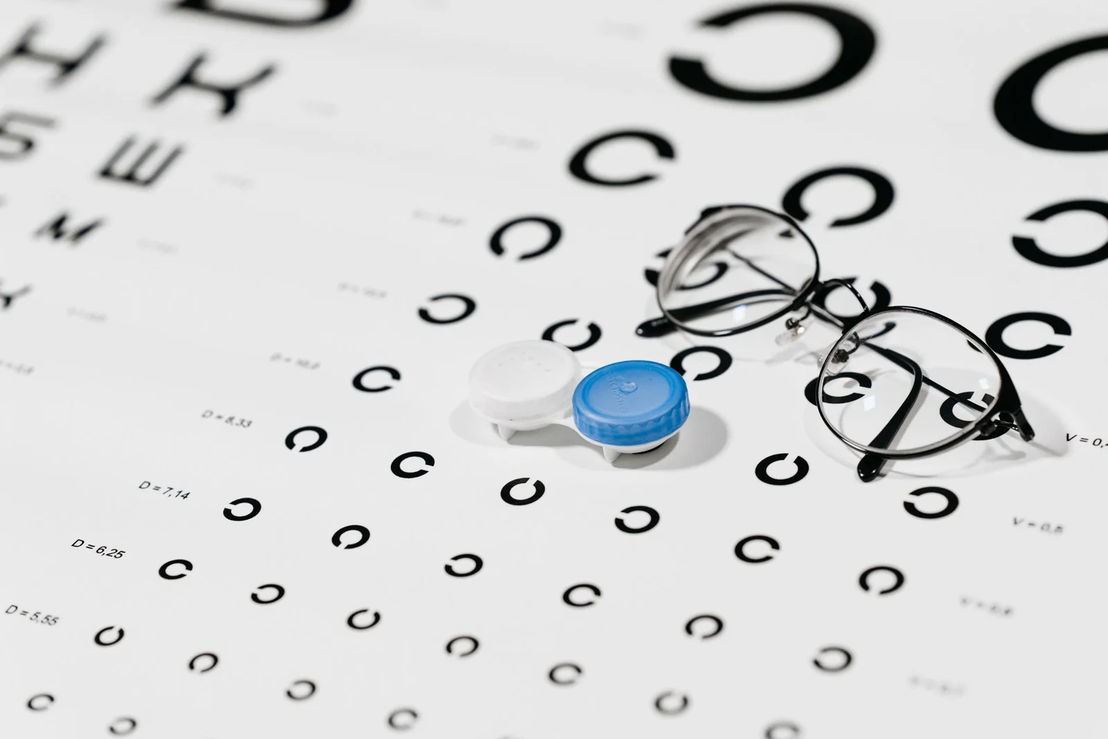 Prescription glasses and a contact lens case resting on an eye chart